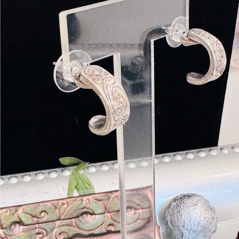 Brighton Silver Patterned Half Hoop Earrings- Retired